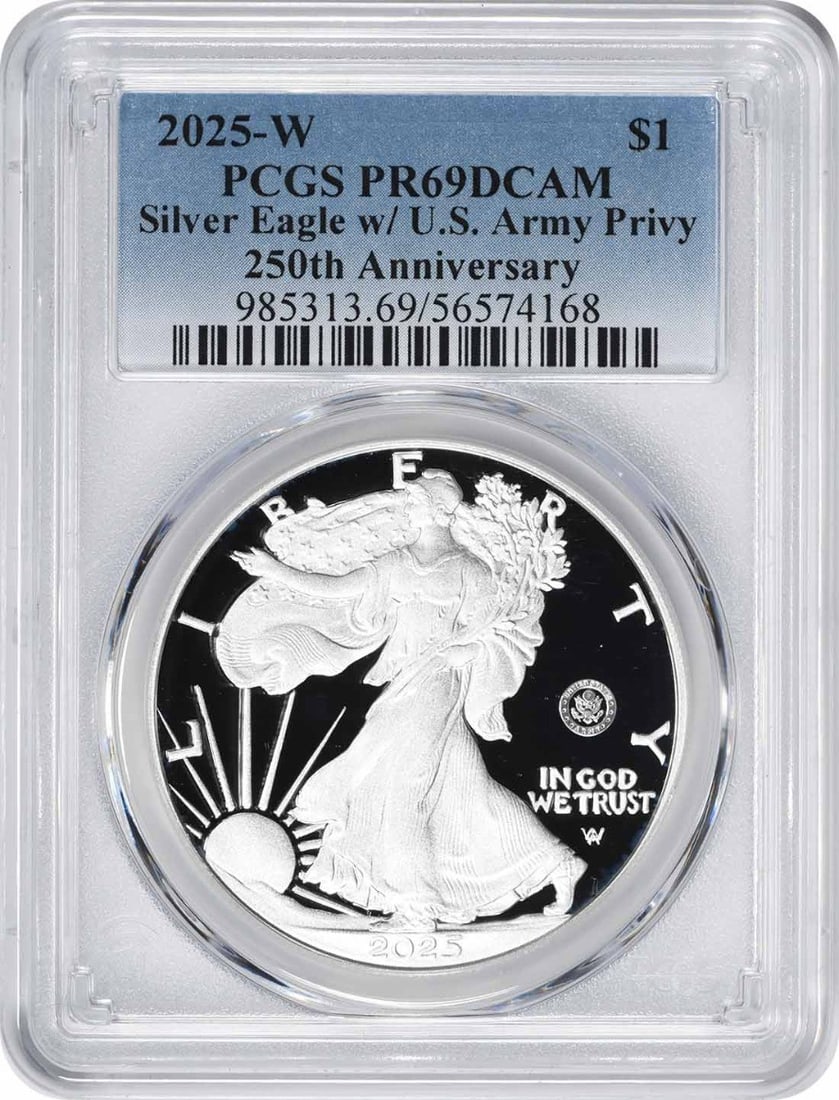 2025 American Silver Eagle Army Privy Proof Dollar PCGS PR69DCAM (1 of 2)