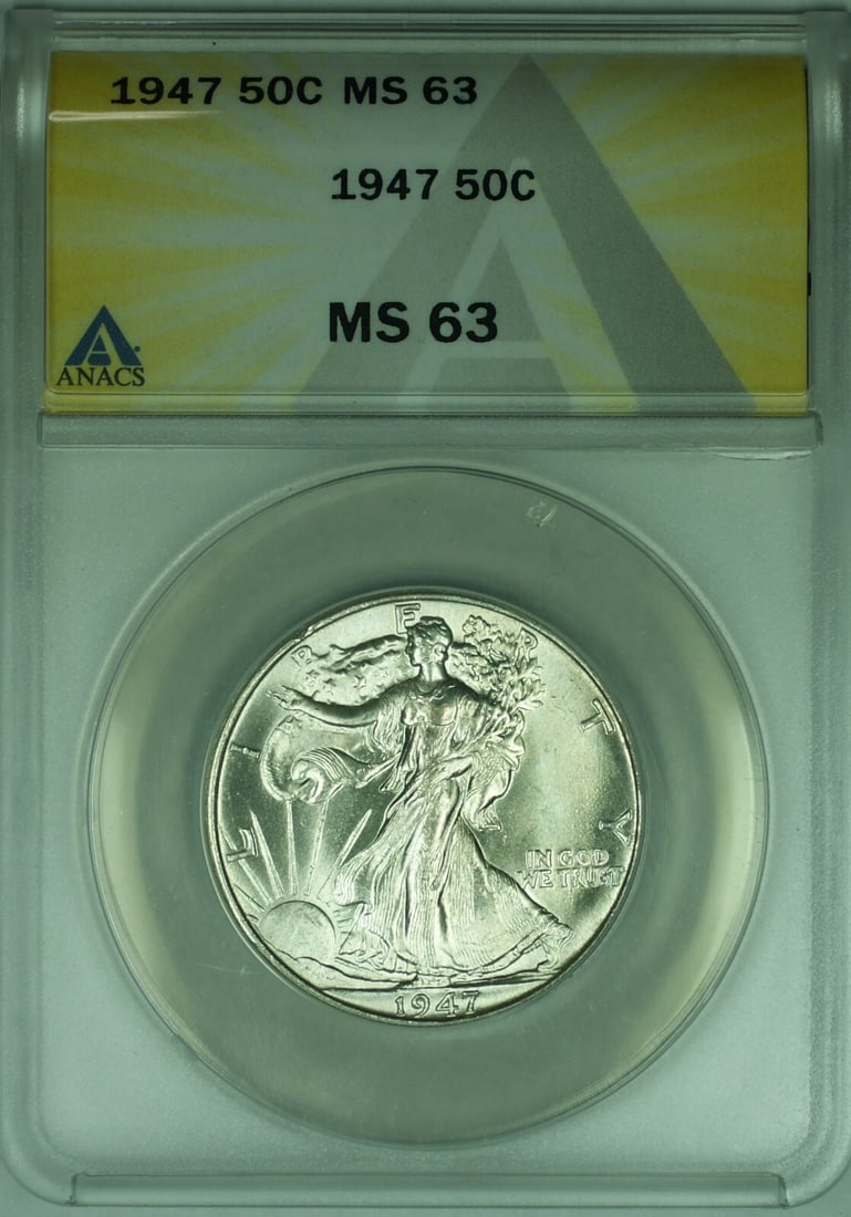 1947 Liberty Walking 50C Silver Coin ANACS MS 63 Philadelphia: 1947 Liberty Walking 50C Silver Coin ANACS MS 63 Philadelphia This 1947 Walking Liberty Silver Half Dollar features the iconic Liberty Walking design and was minted in Philadelphia. Certified by ANACS