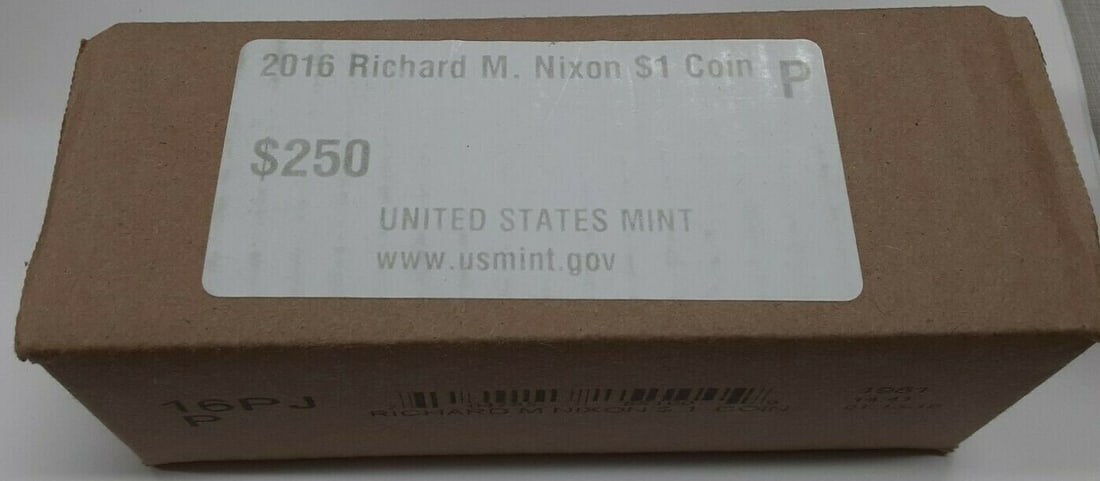 Sealed Box of 250 2016 Richard Nixon Philadelphia Dollar Coins BU: Sealed Box of 250 2016 Richard Nixon Philadelphia Dollar Coins BU This is a sealed box from the U.S. Mint containing 250 uncirculated 2016-P Richard Nixon Presidential $1 coins. Each box includes 10 o