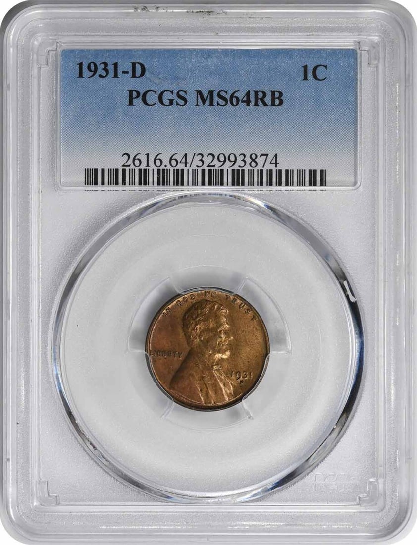 PCGS MS64RB 1931 Denver Lincoln Wheat Cent Uncirculated: PCGS MS64RB 1931 Denver Lincoln Wheat Cent Uncirculated This 1931-D Lincoln Wheat Cent is graded MS64RB by PCGS and remains uncirculated. Struck at the Denver Mint, it is composed of 95% copper and 5%