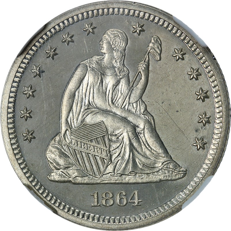 Proof 1864 Seated Liberty Quarter Silver NGC PF64 Cameo Graded Coin: Proof 1864 Seated Liberty Quarter Silver NGC PF64 Cameo Graded Coin This 1864 Seated Liberty Quarter is an un-used proof coin graded NGC PF64 Cameo. It features superb eye appeal with excellent luster