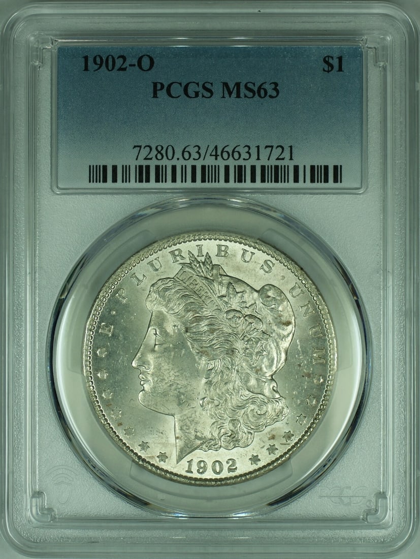 PCGS MS63 1902-O Morgan Dollar Silver Coin from New Orleans Mint: PCGS MS63 1902-O Morgan Dollar Silver Coin from New Orleans Mint This is a 1902-O Morgan Silver Dollar coin from the United States, minted in New Orleans. The coin is composed of silver with a finenes
