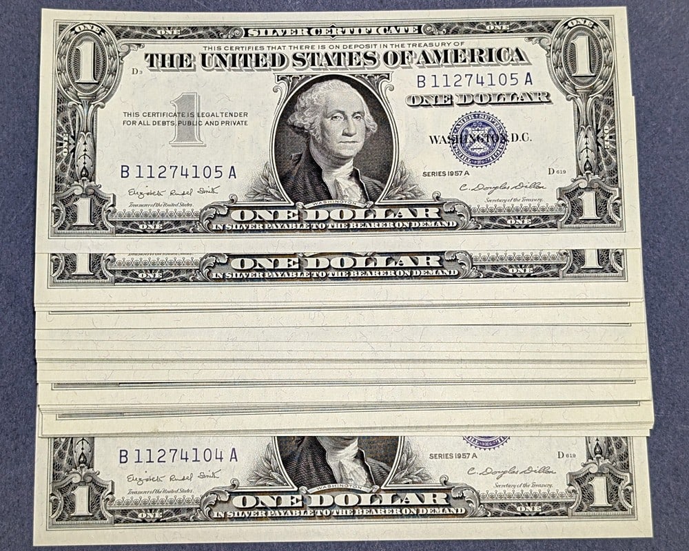 1957-A $1 Silver Certificate Gem CU 49 Consecutive B-A Block (1 of 2)