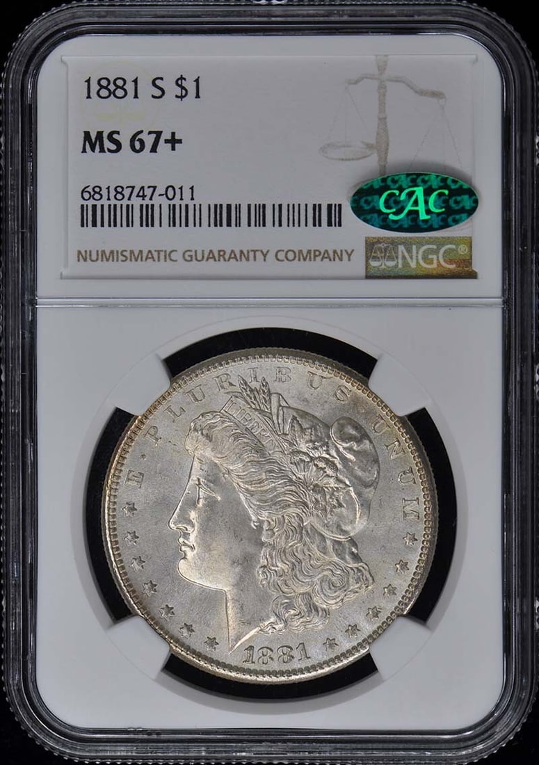 1881-S Morgan Dollar NGC MS67+ CAC Uncirculated Coin: 1881-S Morgan Dollar NGC MS67+ CAC Uncirculated Coin This stunning 1881-S Morgan Dollar is certified by NGC with a remarkable grade of MS67+, indicating its exceptional condition and uncirculated stat