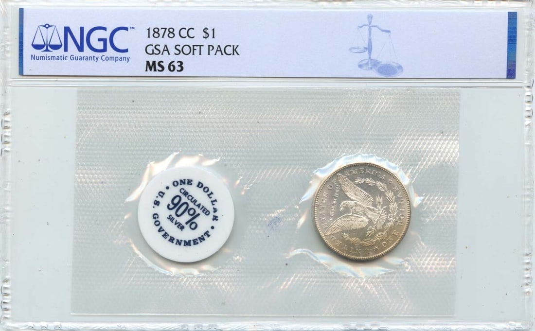 1878-CC NGC MS63 Morgan Dollar GSA Soft Pack Uncirculated: 1878-CC NGC MS63 Morgan Dollar GSA Soft Pack Uncirculated This 1878-CC Morgan Dollar is a remarkable piece certified by NGC with a grade of MS63, indicating its uncirculated condition. Struck at the C