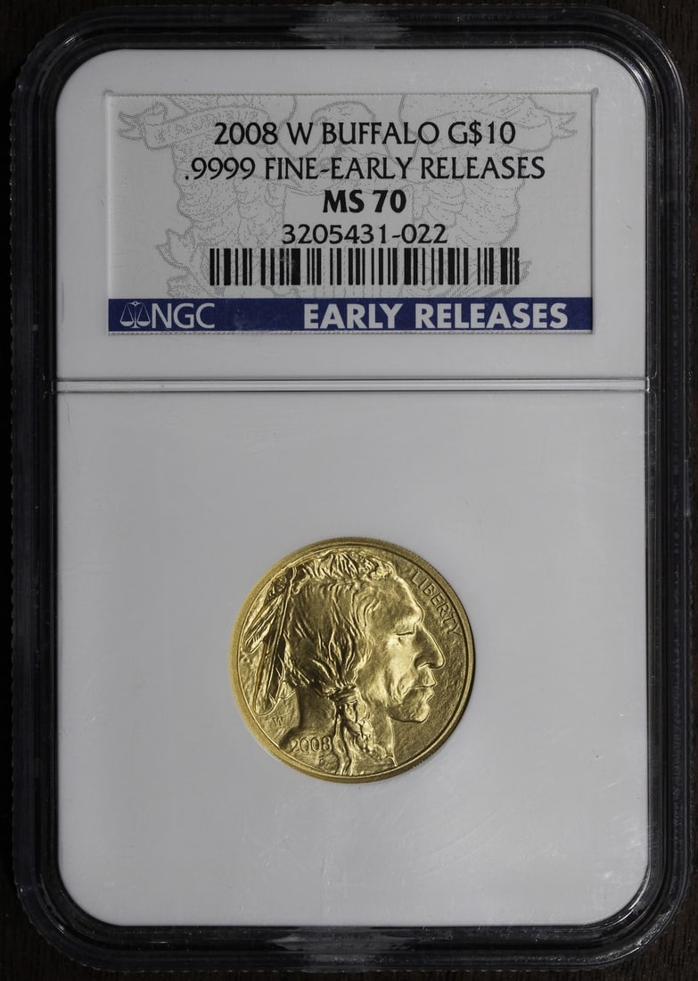 1/4 oz 2008 American Buffalo Gold Coin MS70 NGC Early Releases: 1/4 oz 2008 American Buffalo Gold Coin MS70 NGC Early Releases This 2008-W American Buffalo $10 coin is struck from 1/4 oz of .9999 fine gold. Graded MS 70 by NGC, it is designated as an Early Release