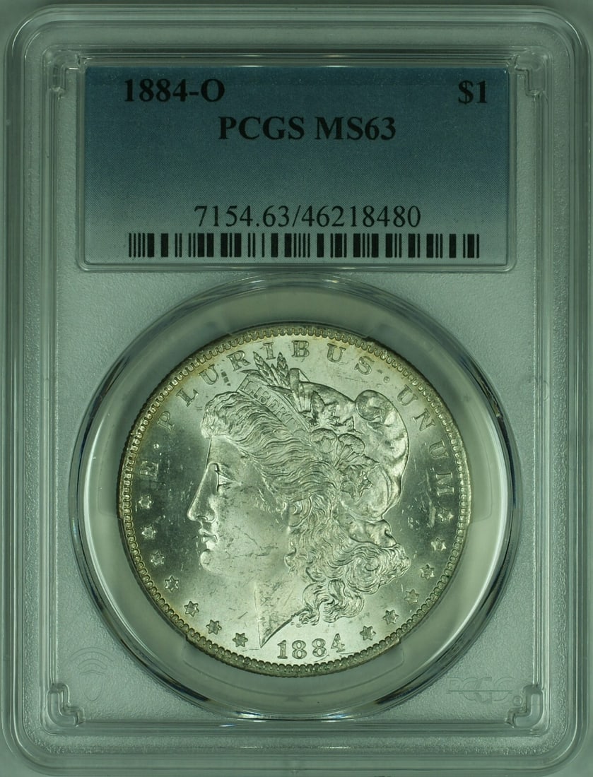 PCGS MS-63 1884-O Morgan Silver Dollar from New Orleans Mint: PCGS MS-63 1884-O Morgan Silver Dollar from New Orleans Mint This is an 1884-O Morgan Silver Dollar, certified by PCGS with a grade of MS-63. Struck at the New Orleans Mint, this uncirculated coin is