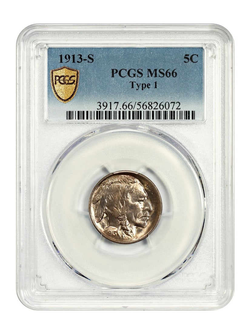 San Francisco Mint 1913 Type 1 Buffalo Nickel PCGS MS66: San Francisco Mint 1913 Type 1 Buffalo Nickel PCGS MS66 This 1913-S Buffalo Nickel is a Type 1 example graded MS66 by PCGS. It features rose-gold surfaces with a slightly weak strike yet remains well