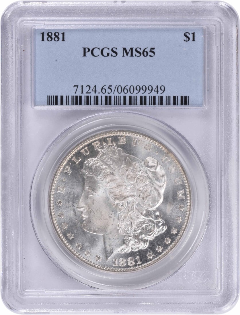 1881 Morgan Silver Dollar MS65 Uncirculated PCGS Certified: 1881 Morgan Silver Dollar MS65 Uncirculated PCGS Certified This 1881 Morgan Silver Dollar is a stunning piece, certified by PCGS with a high grade of MS65, indicating its uncirculated condition. Minte