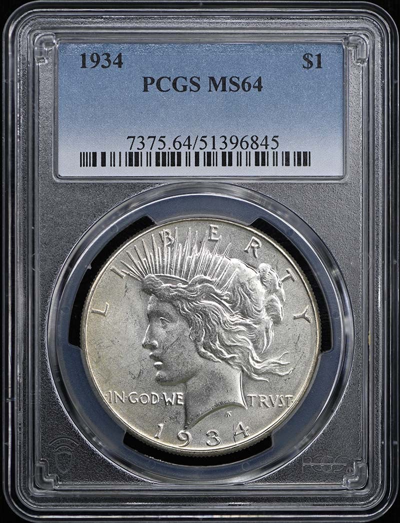 1934 Peace Dollar PCGS MS64 Uncirculated Philadelphia Coin: 1934 Peace Dollar PCGS MS64 Uncirculated Philadelphia Coin This 1934 $1 Peace Dollar is graded MS64 by PCGS, a testament to its uncirculated condition. Minted in Philadelphia, this coin showcases the