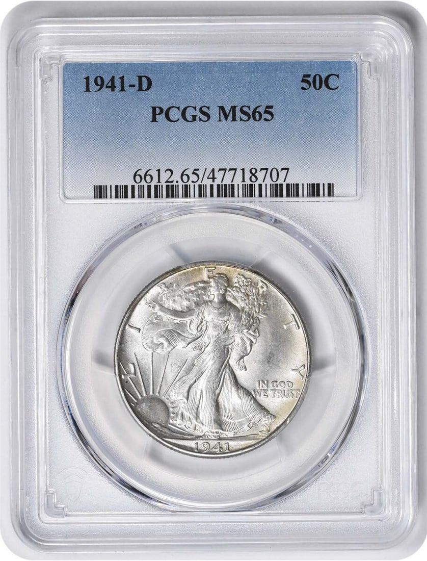 1941-D Walking Liberty Half Dollar MS65 Certified Silver Coin: 1941-D Walking Liberty Half Dollar MS65 Certified Silver Coin This 1941-D Walking Liberty Half Dollar is a stunning piece, graded MS65 by PCGS, reflecting its uncirculated condition. With a mint locat