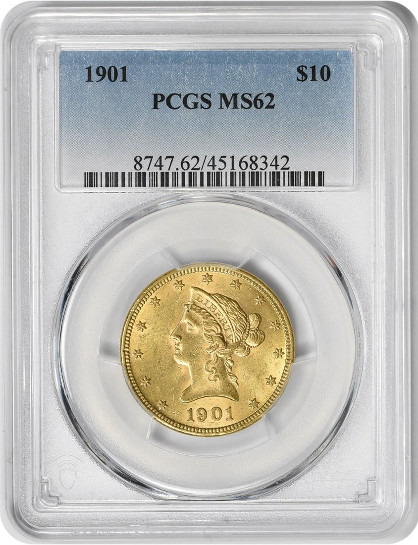 1901 $10 Gold Liberty Head MS62 PCGS Uncirculated Coin: 1901 $10 Gold Liberty Head MS62 PCGS Uncirculated Coin This 1901 $10 Gold Liberty Head coin is a stunning example of American numismatic history. Graded MS62 by PCGS, this uncirculated coin showcases