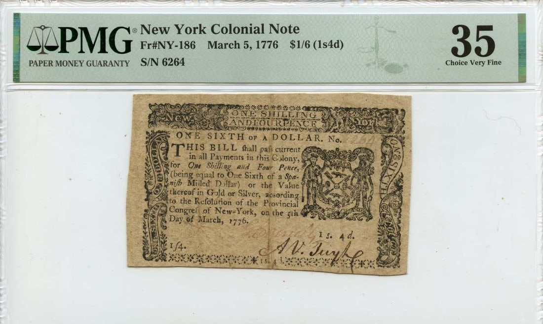 1776 New York Colonial Note $1/6 NY-186 PMG VF35 Certified (1 of 2)