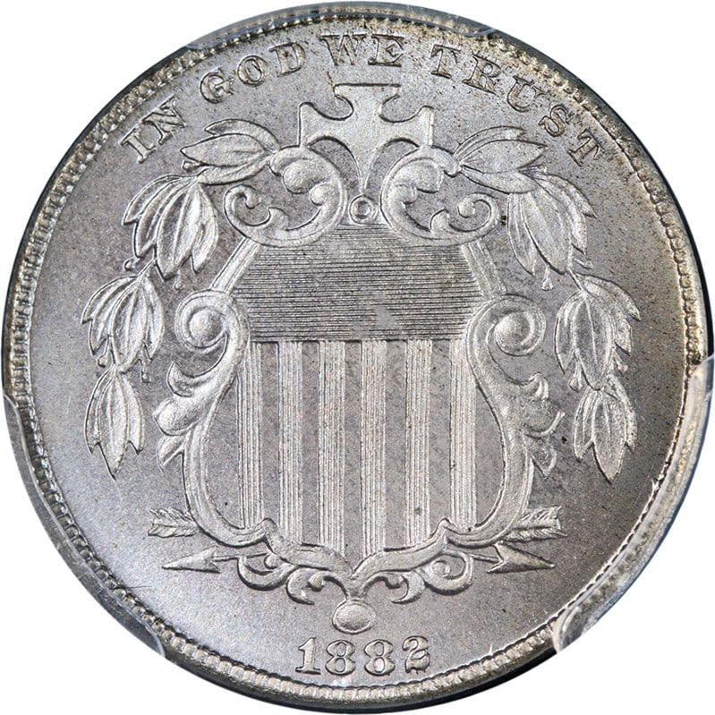 1882 Shield Nickel Proof PCGS PR66 Stunning Ice-Blue Toning: 1882 Shield Nickel Proof PCGS PR66 Stunning Ice-Blue Toning This stunning 1882 Shield Nickel Proof exhibits superb eye appeal with fantastic luster and a strong strike. The coin features gorgeous ice-