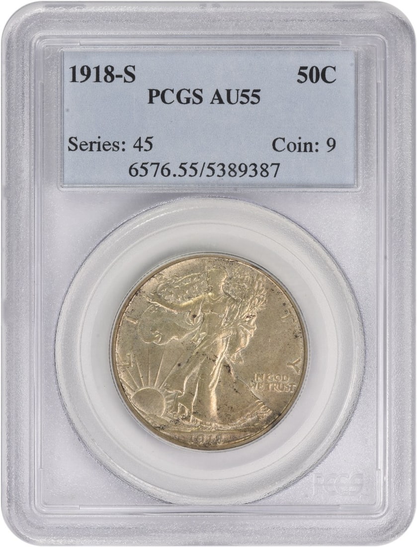 PCGS AU55 1918 San Francisco Walking Liberty 50 Cent Silver Coin: PCGS AU55 1918 San Francisco Walking Liberty 50 Cent Silver Coin This 1918-S Walking Liberty Half Dollar is a circulated coin graded AU55 by PCGS. Minted in San Francisco, it features the Liberty Walk