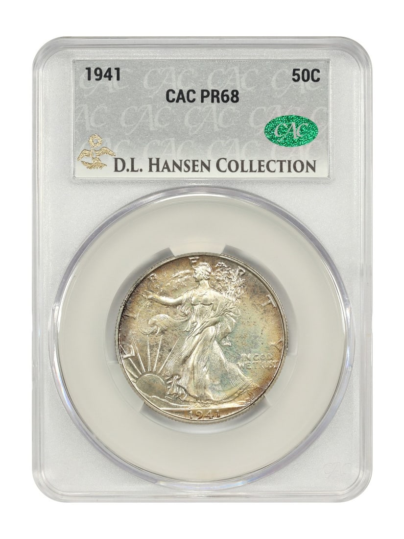 CACG PR68 1941 Proof Walking Liberty 50C ex D.L. Hansen: CACG PR68 1941 Proof Walking Liberty 50C ex D.L. Hansen This 1941 Walking Liberty Half Dollar is a proof coin graded PR68 by CACG, featuring natural tan and orange coloration. Struck in Philadelphia w