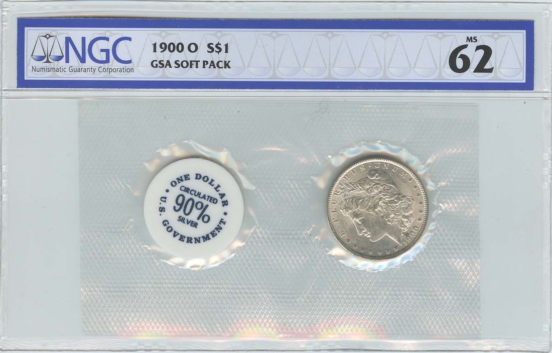 1900-O NGC MS62 Morgan Dollar GSA Soft Pack Uncirculated: 1900-O NGC MS62 Morgan Dollar GSA Soft Pack Uncirculated This 1900-O Morgan Dollar is a stunning example of U.S. coinage, certified by NGC with a grade of MS62. The coin is in uncirculated condition,