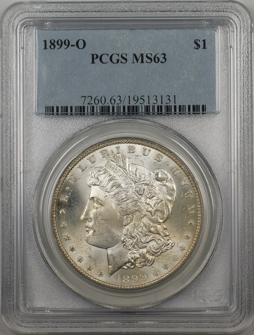 PCGS MS63 1899-O Silver Dollar Morgan Series New Orleans Mint: PCGS MS63 1899-O Silver Dollar Morgan Series New Orleans Mint This is an 1899-O Morgan Silver Dollar $1 coin certified by PCGS with a grade of MS-63. Minted in New Orleans, this uncirculated coin is c