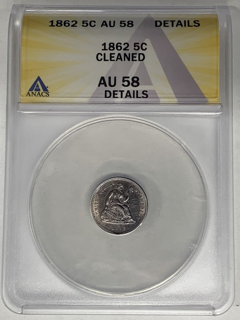 ANACS AU 58 1862 Seated Liberty Half Dime United States Cleaned: ANACS AU 58 1862 Seated Liberty Half Dime United States Cleaned This 1862 Seated Liberty Half Dime coin from the United States is certified by ANACS with a grade of AU 58 Details, indicating it has be