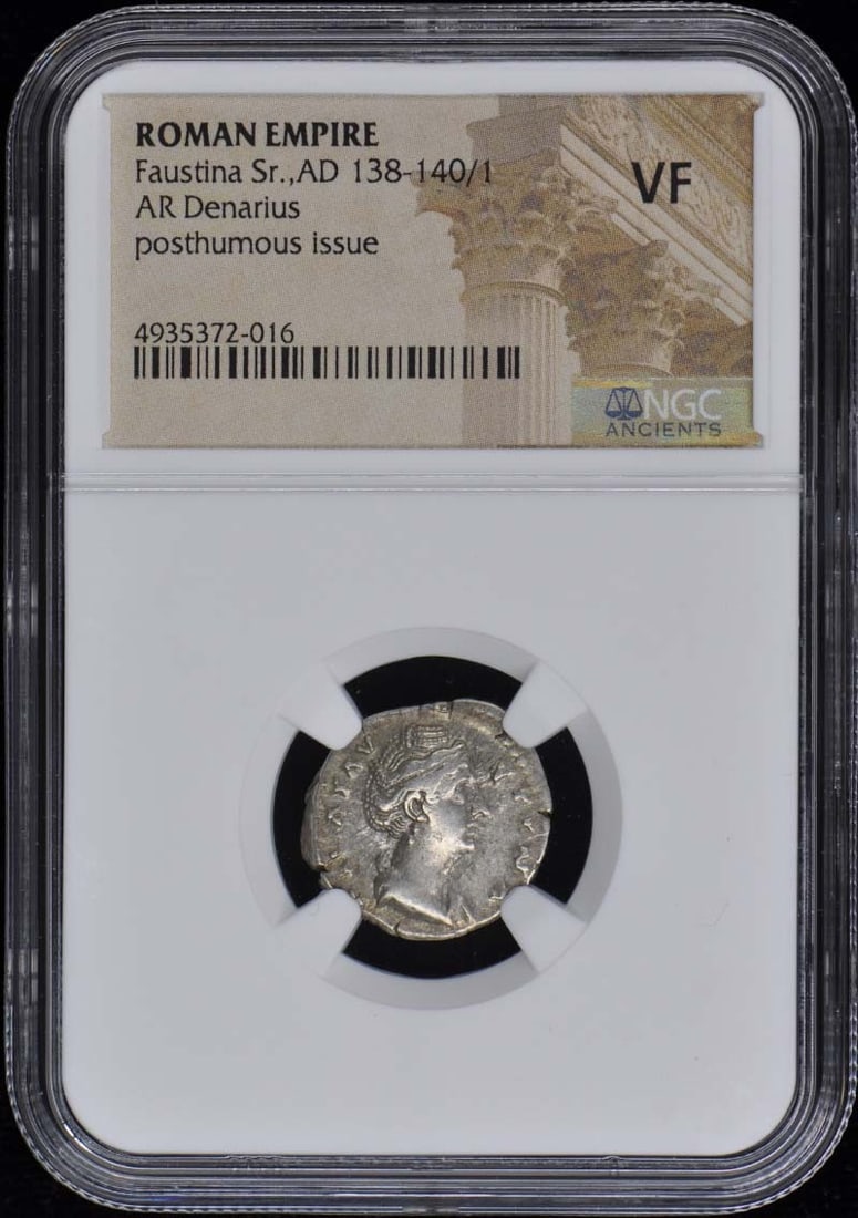 Faustina Sr. AR Denarius AD 138-140/1 NGC Certified VF20: Faustina Sr. AR Denarius AD 138-140/1 NGC Certified VF20 This ancient Roman denarius features the likeness of Faustina Sr., minted during the Roman Empire circa AD 138-140/1. The coin is certified by