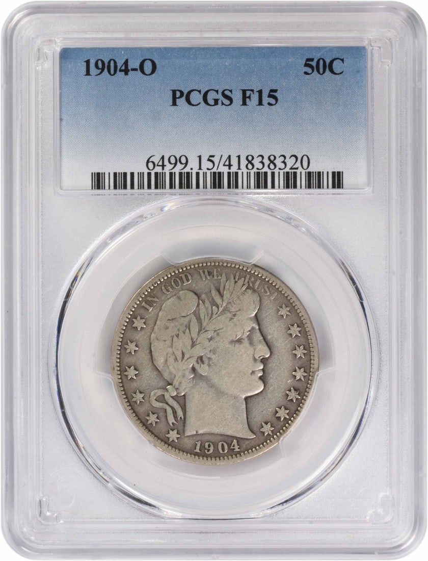PCGS Graded 1904-O Barber Half Dollar Silver Coin F15: PCGS Graded 1904-O Barber Half Dollar Silver Coin F15 This is a 1904-O Barber Silver Half Dollar graded F15 by PCGS. The coin is circulated and composed of silver, originating from the New Orleans Min