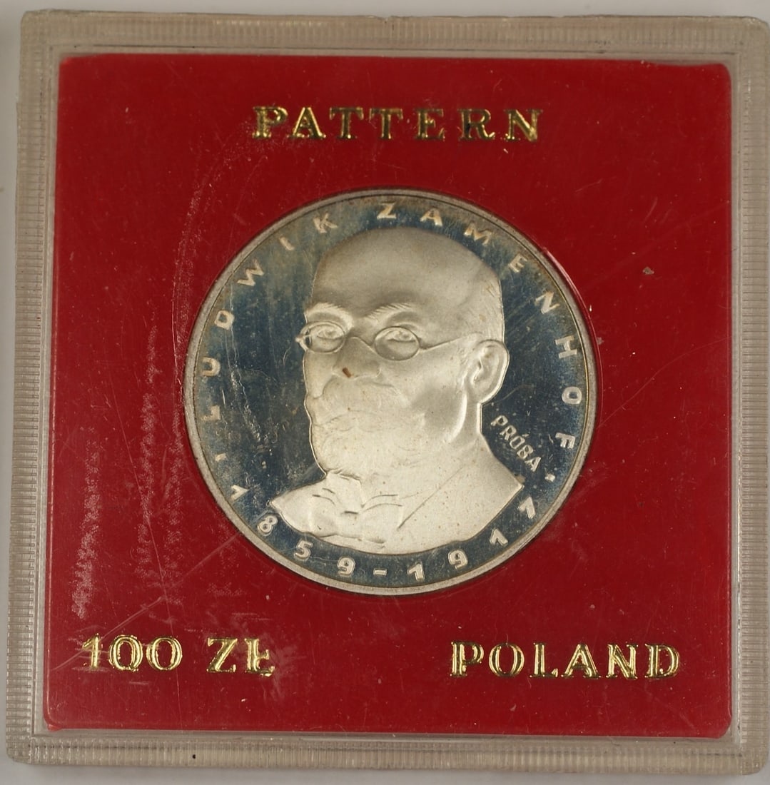 Poland 1979 Silver 100 Zloty Zamenhof Proof Commemorative Coin: Poland 1979 Silver 100 Zloty Zamenhof Proof Commemorative Coin This is a 1979 100 Zloty Polish silver proof commemorative coin featuring Zamenhof. The coin is uncirculated, made in Poland, and compose