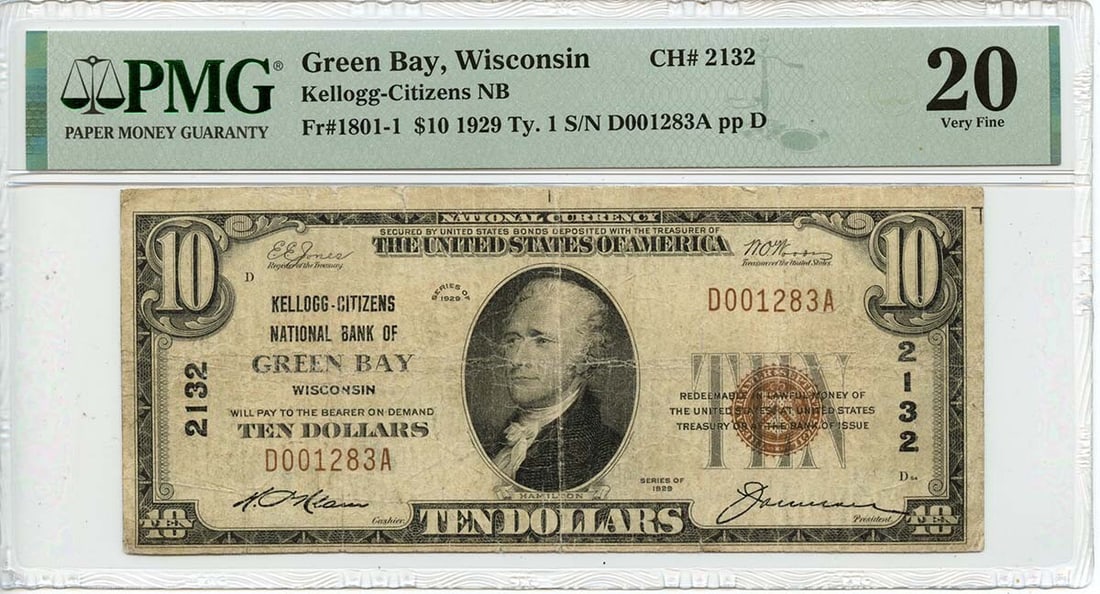 1929 $10 Green Bay WI Fr# 1801-1 PMG VF20 Circulated Note (1 of 2)