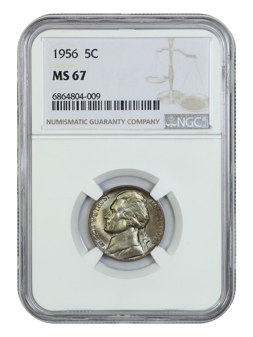 1956 Jefferson Nickel NGC MS67 Uncirculated 5C Philadelphia: 1956 Jefferson Nickel NGC MS67 Uncirculated 5C Philadelphia This 1956 Jefferson Nickel is a remarkable collectible, certified by NGC with a grade of MS67, indicating its uncirculated condition. Minted