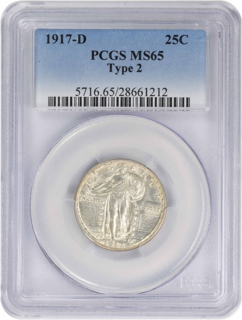 MS65 PCGS 1917-D Type 2 Standing Liberty 25C Silver Coin (1 of 4)