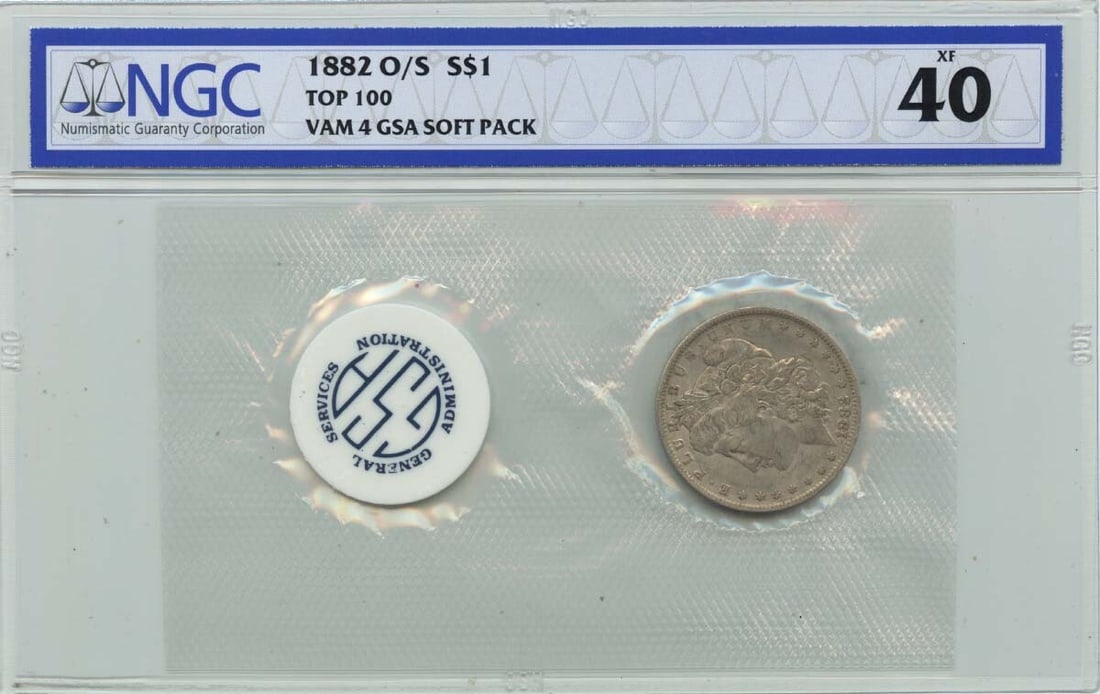 1882-O O/S Morgan Dollar VAM-4 NGC XF40 GSA Soft Pack: 1882-O O/S Morgan Dollar VAM-4 NGC XF40 GSA Soft Pack This 1882-O O/S Morgan Dollar is a remarkable piece from the New Orleans Mint, certified by NGC with a grade of XF40. It features the iconic Morga