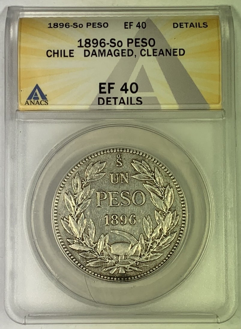ANACS XF 40 1896 Silver Peso from Chile: ANACS XF 40 1896 Silver Peso from Chile This 1896-So Peso coin from Chile is composed of silver and has been certified by ANACS with a grade of XF 40. It is a pre-owned collectible piece from 1896, re