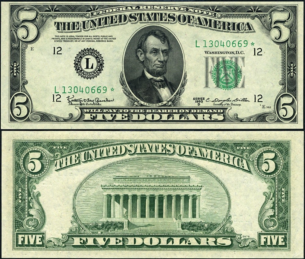 1950-D $5 Federal Reserve Note San Francisco L-* Block Uncertified CU Choice (1 of 3)