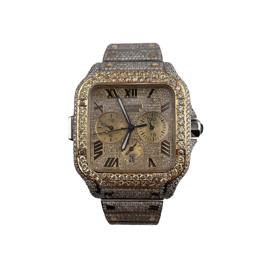 Cartier Santos XL Chronograph 4183 Diamond Iced Out Watch with Card 2020: Cartier Santos XL Chronograph 4183 Diamond Iced Out Watch with Card 2020 This Cartier Santos XL Chrono features an iced out Roman dial, a diamond bezel, and an iced out bracelet. It comes with Referen