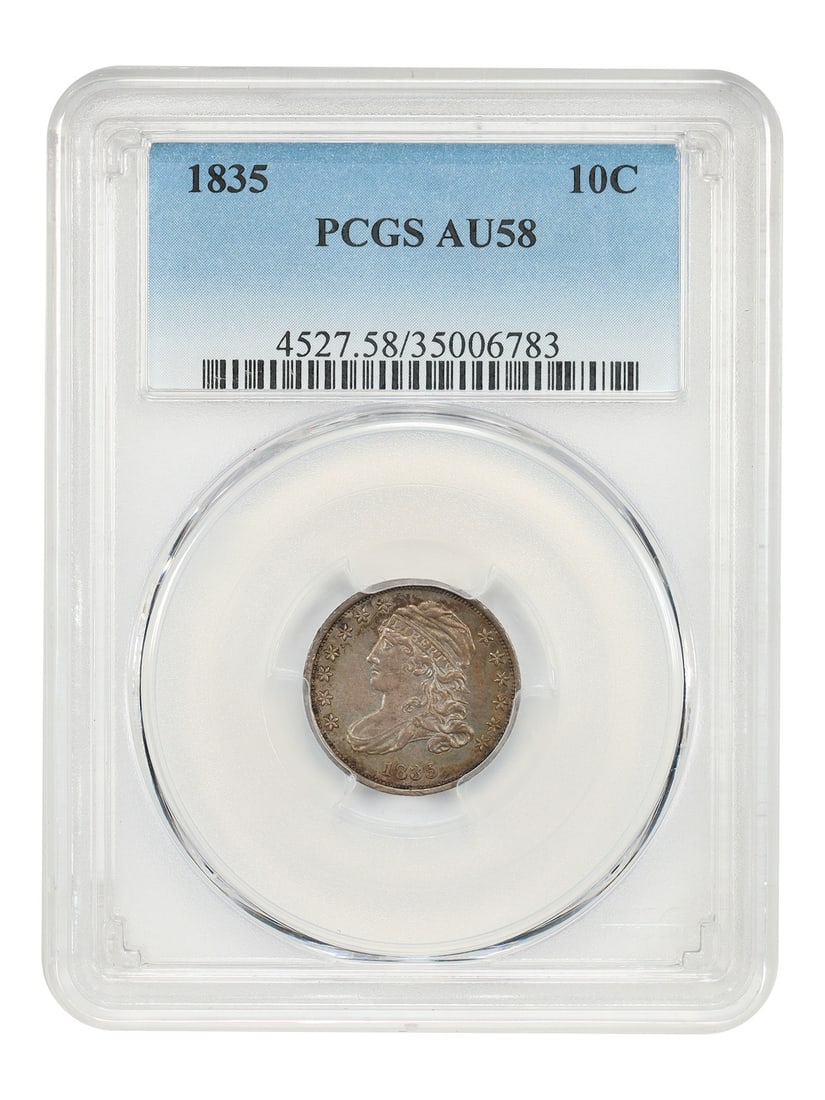 PCGS AU58 1835 Capped Bust Dime 10 Cent Philadelphia Issue: PCGS AU58 1835 Capped Bust Dime 10 Cent Philadelphia Issue This 1835 Capped Bust Dime has been certified by PCGS and graded AU58. Minted in Philadelphia, it represents the Capped Bust Dime series and