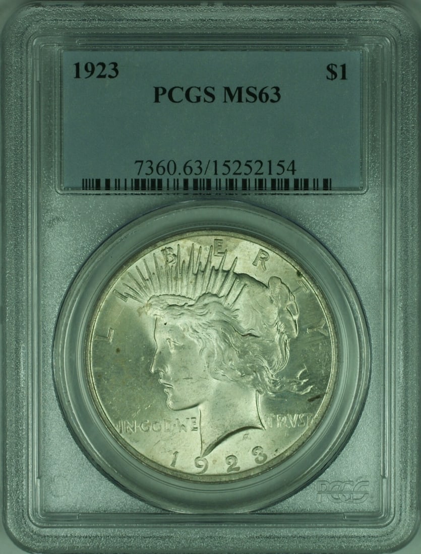 PCGS MS63 1923 Peace Dollar Silver Coin from Philadelphia Mint: PCGS MS63 1923 Peace Dollar Silver Coin from Philadelphia Mint This 1923 Peace Silver Dollar is a $1 coin from the United States, minted in Philadelphia. Certified by PCGS with a grade of MS-63, this