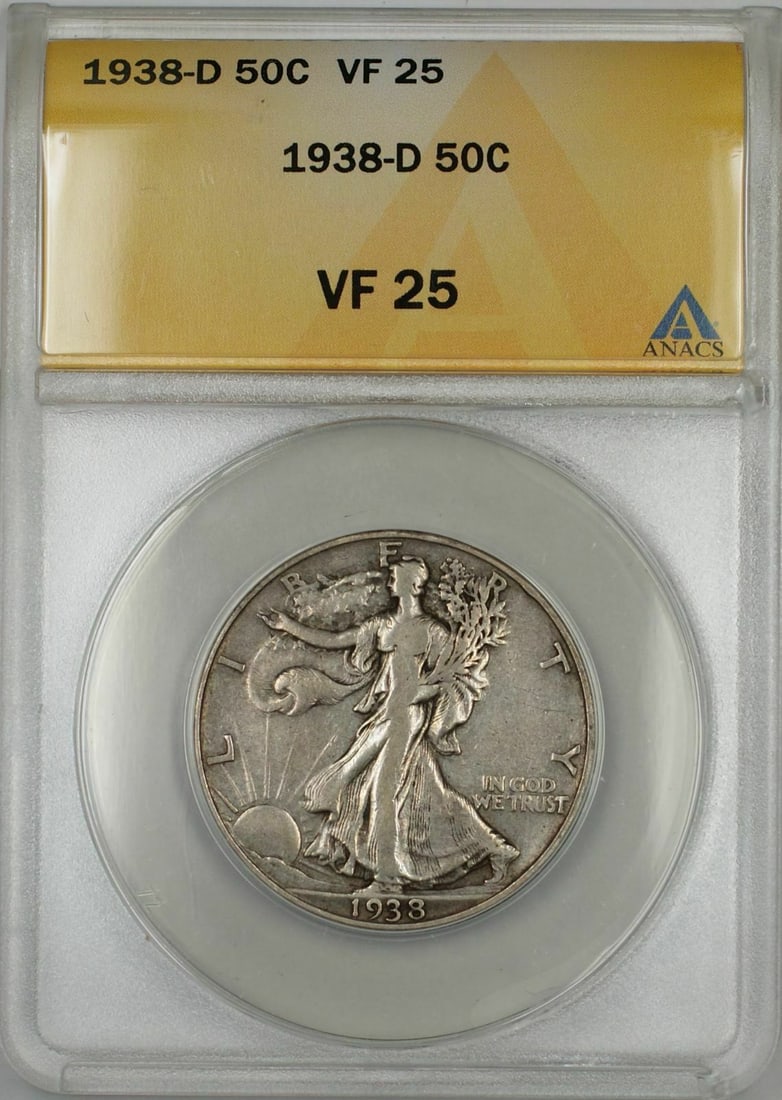 1938-D Silver Half Dollar ANACS Certified VF 25 Denver Mint: 1938-D Silver Half Dollar ANACS Certified VF 25 Denver Mint This is a 1938-D Walking Liberty Half Dollar coin from the United States, minted in Denver. The coin is composed of silver and has been cert