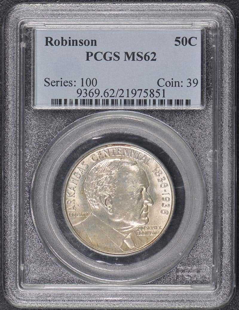 1936 Robinson 50C Silver Commemorative Coin PCGS MS62 Philadelphia Mint: 1936 Robinson 50C Silver Commemorative Coin PCGS MS62 Philadelphia Mint This is a 1936 Robinson 50-cent silver commemorative coin, graded MS62 by PCGS. The coin was struck at the Philadelphia Mint and