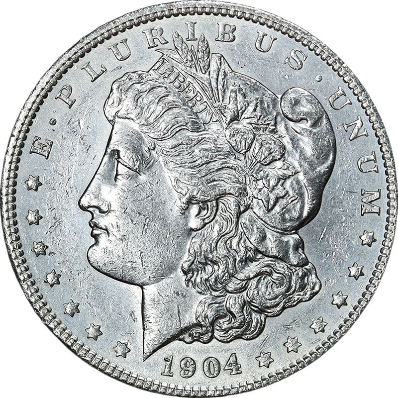 Uncirculated 1904 Philadelphia Morgan Dollar Silver Coin with Bright Luster: Uncirculated 1904 Philadelphia Morgan Dollar Silver Coin with Bright Luster This 1904-P Morgan Silver Dollar features bright white luster, attractive eye appeal, and an average strike. The coin is in