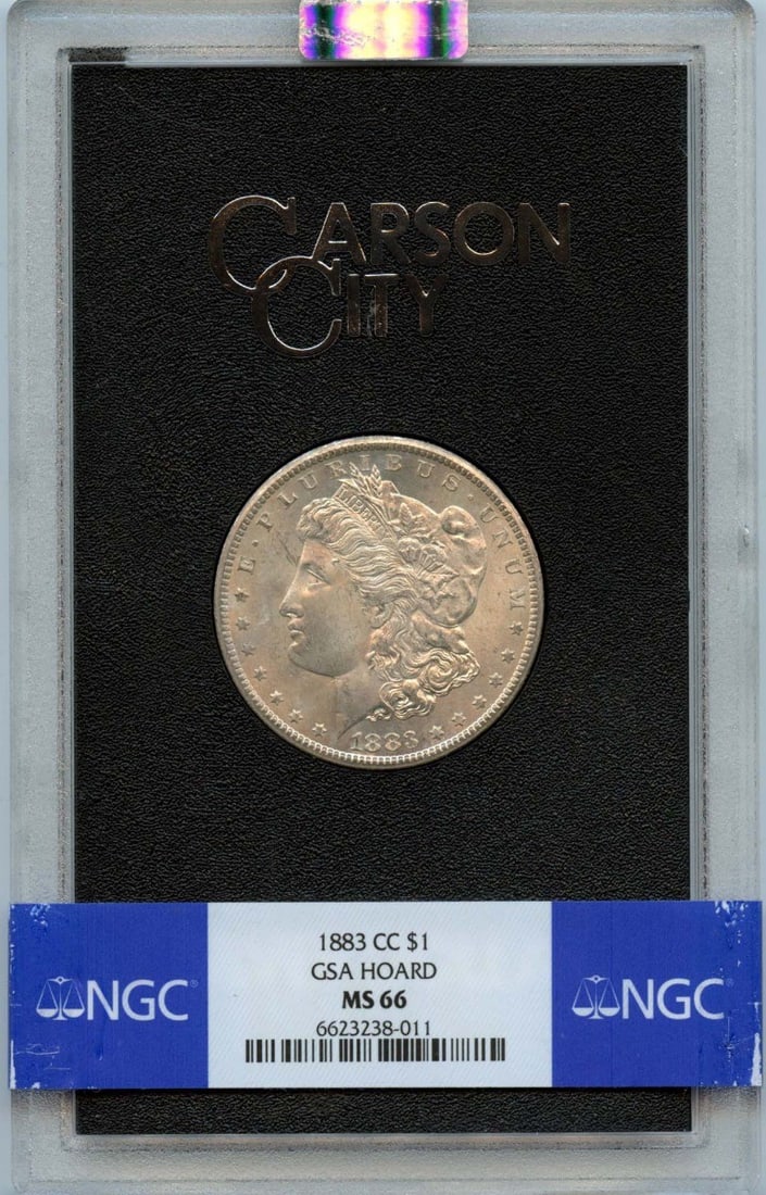 1883-CC Morgan Dollar GSA HOARD NGC MS66 Toned Uncirculated: 1883-CC Morgan Dollar GSA HOARD NGC MS66 Toned Uncirculated This stunning 1883-CC Morgan Dollar showcases exceptional quality and is graded MS66 by NGC, certifying its uncirculated condition. This coi