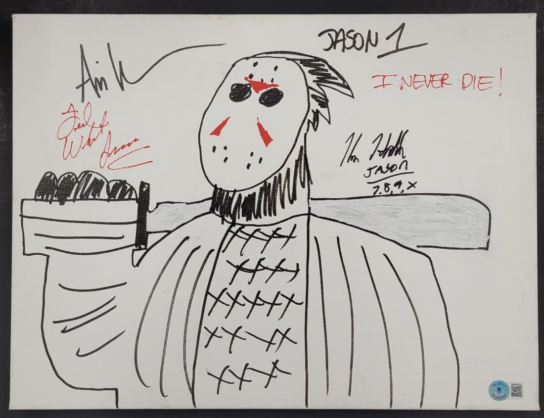 Jason Voorhees Signed Canvas Sketch 12x16 by Ari Lehman Beckett Authenticated: Jason Voorhees Signed Canvas Sketch 12x16 by Ari Lehman Beckett Authenticated This striking 12x16 canvas sketch features the iconic Jason Voorhees from the classic movie "Friday the 13th." It has been