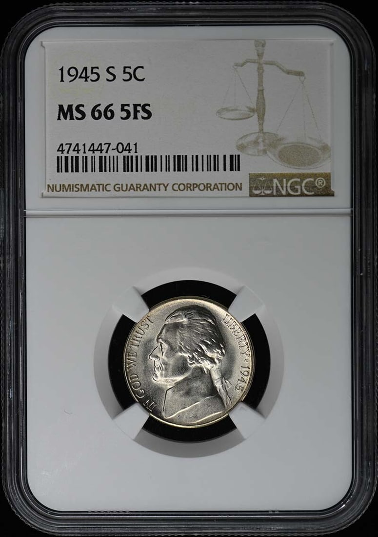 1945-S Jefferson Nickel NGC MS66 5FS Uncirculated Coin: 1945-S Jefferson Nickel NGC MS66 5FS Uncirculated Coin This 1945-S Jefferson Nickel, certified by NGC, features a remarkable uncirculated grade of MS66 with a 5FS designation, indicating full steps on
