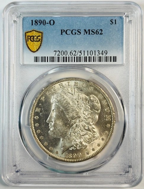 PCGS MS62 1890 O Morgan Dollar Silver Coin Uncirculated: PCGS MS62 1890 O Morgan Dollar Silver Coin Uncirculated This is an 1890 O Morgan Silver Dollar graded MS-62 by PCGS. The coin is uncirculated and was minted in New Orleans, featuring a silver composit
