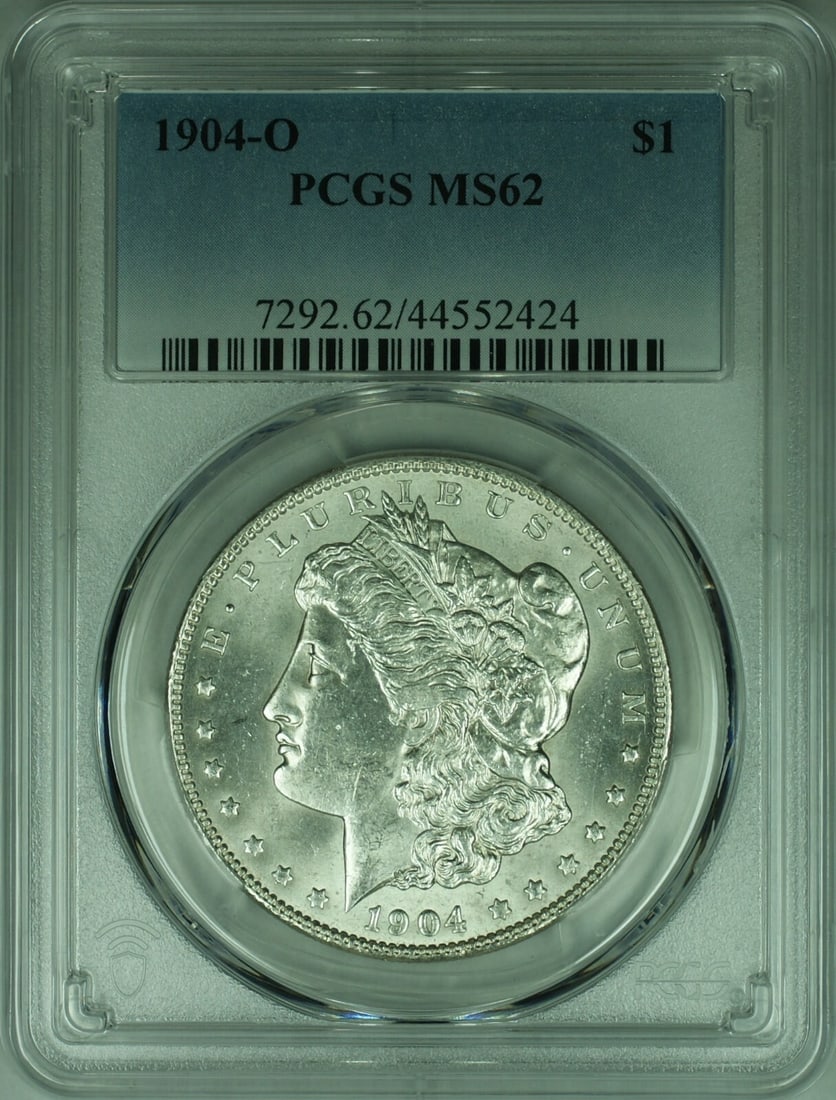 PCGS MS-62 1904-O Morgan Dollar Silver Coin from New Orleans Mint: PCGS MS-62 1904-O Morgan Dollar Silver Coin from New Orleans Mint This 1904-O Morgan Silver Dollar is a $1 coin minted in New Orleans and certified by PCGS with a grade of MS-62. It features the class