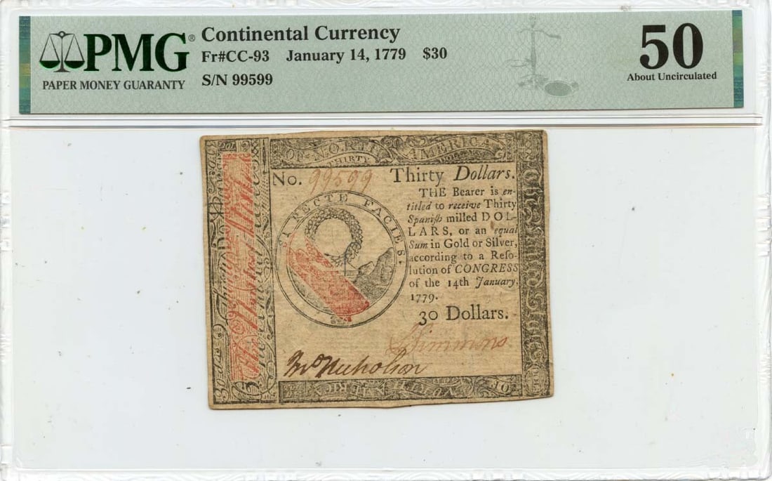 1779 $30 Continental Currency CC-93 Certified PMG AU50: 1779 $30 Continental Currency CC-93 Certified PMG AU50 This is a $30 Continental Currency note issued on January 14, 1779, classified as FR#CC-93. The note has been certified by PMG with a grade of AU