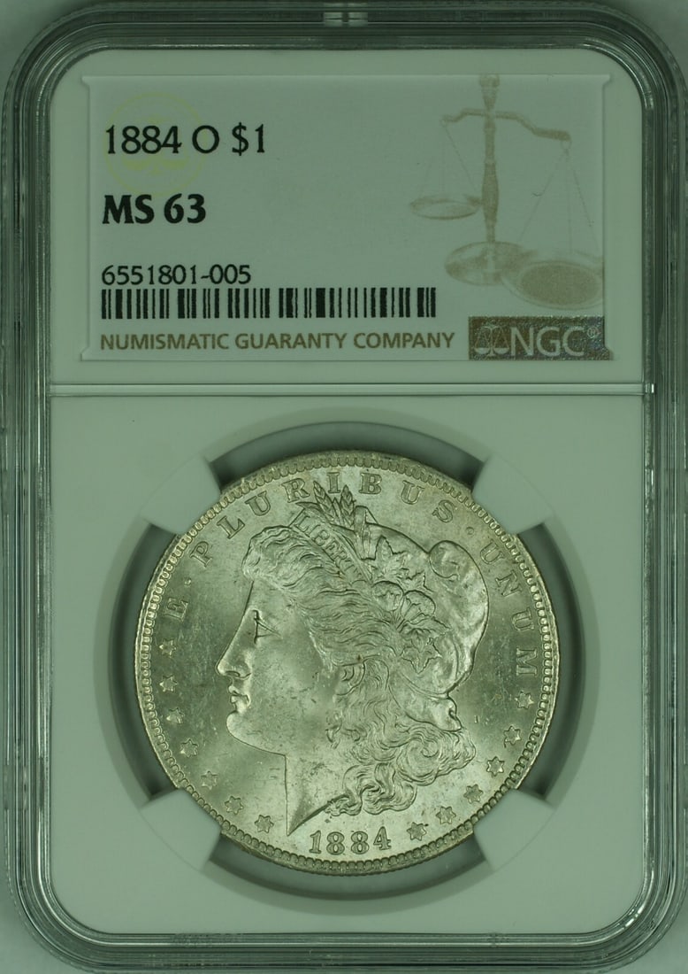 NGC MS-63 Graded 1884-O Morgan Dollar Silver Coin from New Orleans Mint: NGC MS-63 Graded 1884-O Morgan Dollar Silver Coin from New Orleans Mint This is an 1884-O Morgan Silver Dollar coin certified by NGC with a grade of MS 63. Minted in New Orleans, this uncirculated coi
