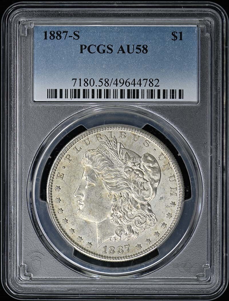 1887-S Morgan Dollar PCGS AU58 Certified San Francisco Coin: 1887-S Morgan Dollar PCGS AU58 Certified San Francisco Coin This 1887-S Morgan Dollar is graded AU58 by PCGS, indicating it is in a high state of preservation despite being circulated. Minted in San F