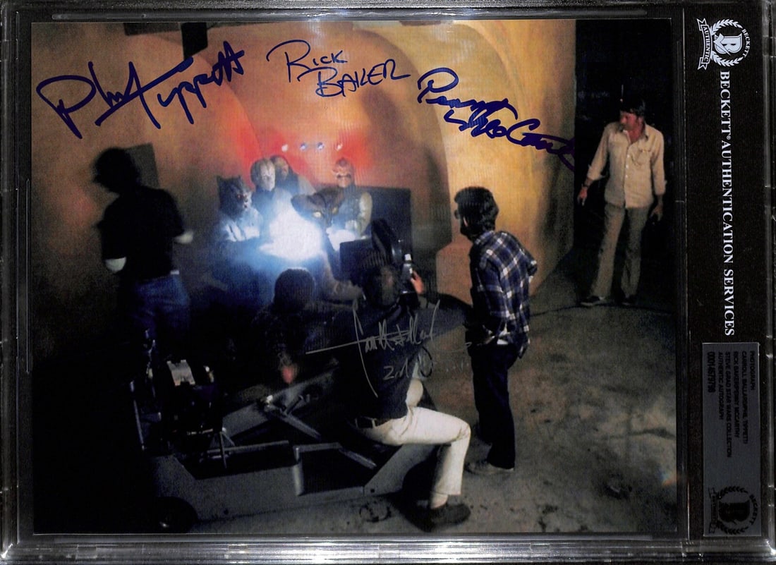 8x10 Photo Signed by Star Wars Cantina Scene Creators Beckett Authenticated: 8x10 Photo Signed by Star Wars Cantina Scene Creators Beckett Authenticated This is an original 8x10 photograph from the Star Wars Cantina scene, signed in blue permanent marker by Phil Tippett, Rick