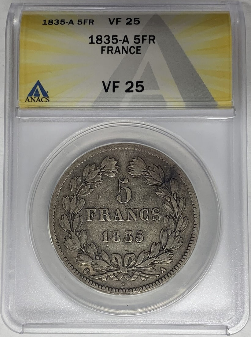 1835 France 5 Francs Silver Coin ANACS Graded VF 25 (1 of 2)