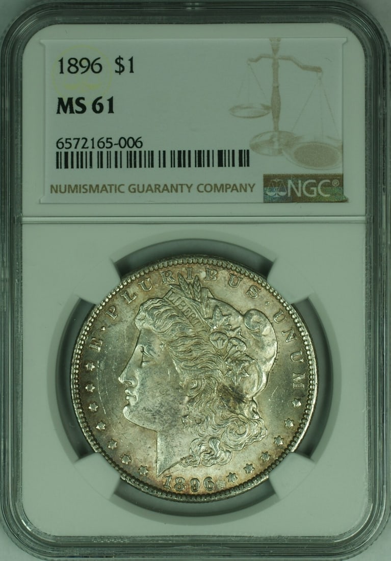 NGC MS-61 1896 Morgan Dollar Silver Toned Uncirculated Philadelphia: NGC MS-61 1896 Morgan Dollar Silver Toned Uncirculated Philadelphia This 1896 Morgan Silver Dollar $1 coin is certified by NGC with a grade of MS-61. Struck at the Philadelphia Mint, the coin features