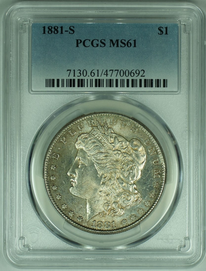 PCGS MS 61 Plus 1881-S Morgan Silver Dollar with Attractive Toning: PCGS MS 61 Plus 1881-S Morgan Silver Dollar with Attractive Toning This 1881-S Morgan Silver Dollar is a toned coin graded MS 61+ by PCGS. It is an uncirculated example composed of silver, originating